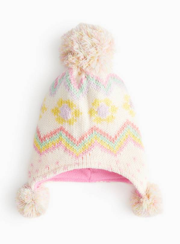 Cream Fairisle Knitted Pom Pom Trapper Hat 3-5 years